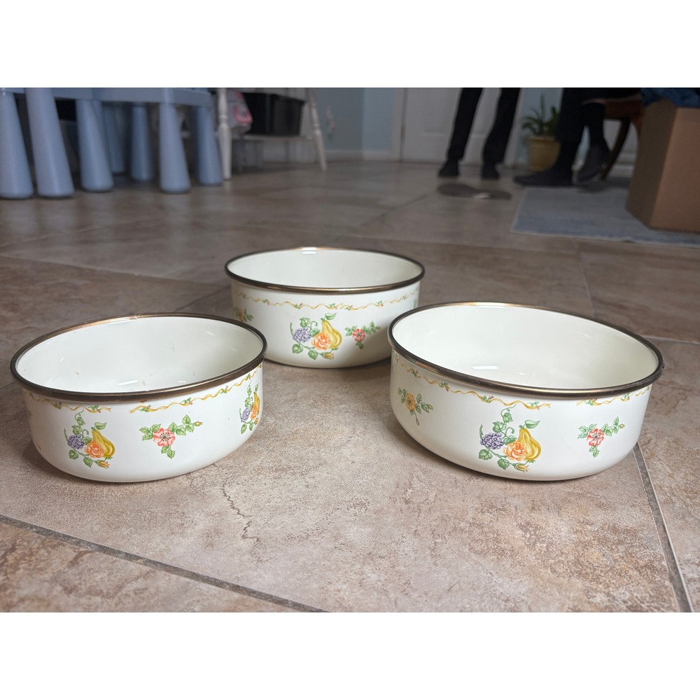 Vintage M Kamenstein Enamel Nesting Bowls Set 3 Fruit Floral 1983 Taiwan Pears